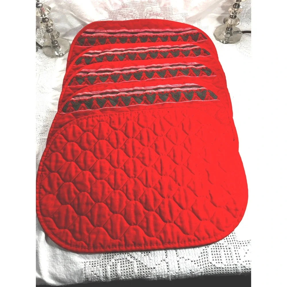 Set of 5 Vintage Red Quilted Needlepoint Christmas Placemats Green Tree Holiday